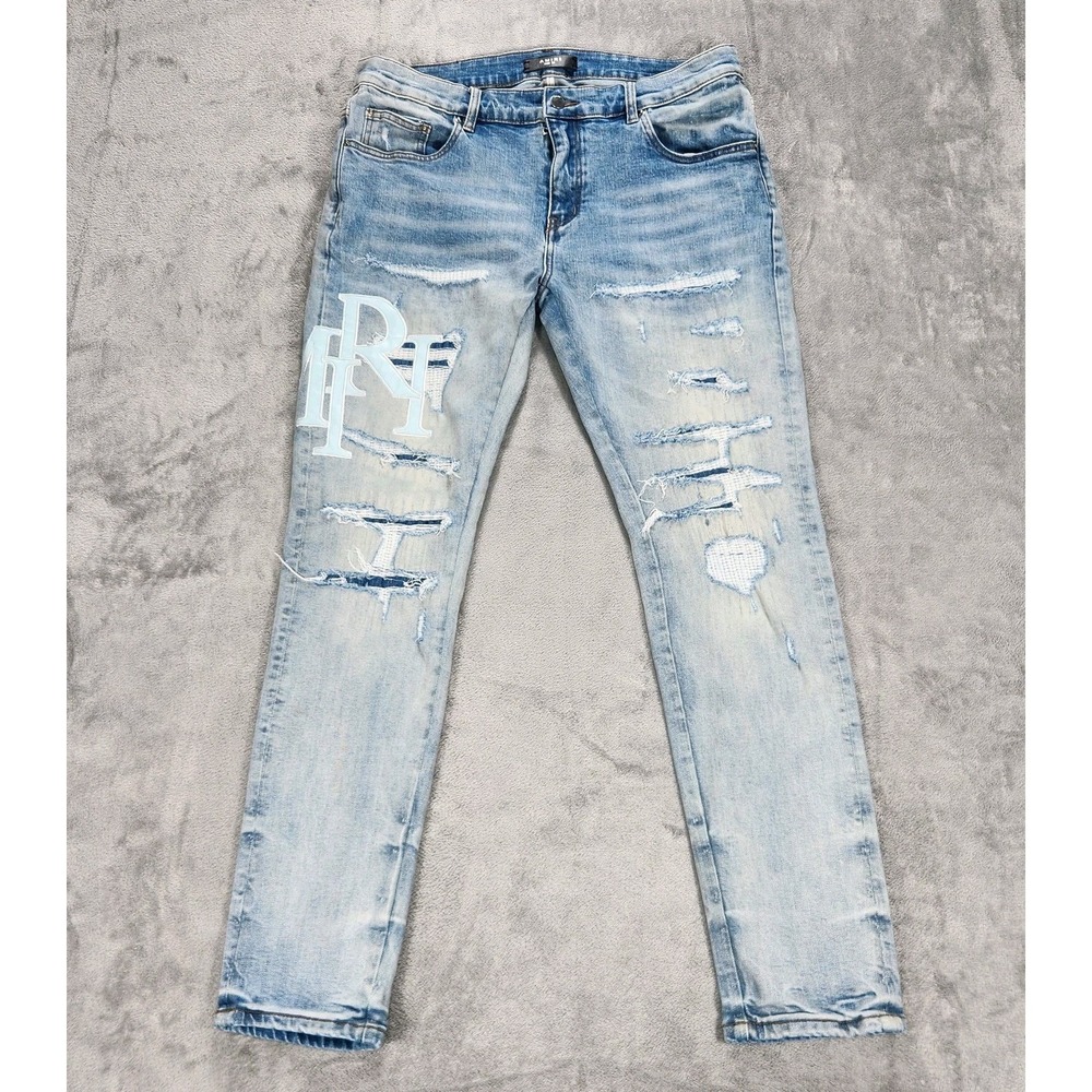 AMIRI Jeans Mens 34x32 Light Wash Blue Slim Skinny Distressed Denim‎ Pants